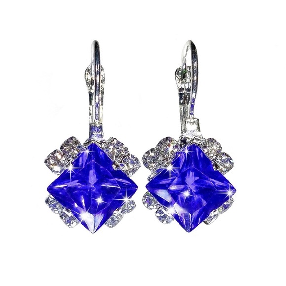 Silver Blue & Clear Crystal Lever Back Earrings - Picture 2 of 8